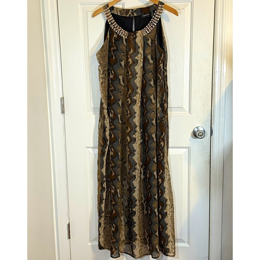 Cassee's Brown boho Snake Animal Print Beaded Neck Maxi Dress Sleeveless Size 3X